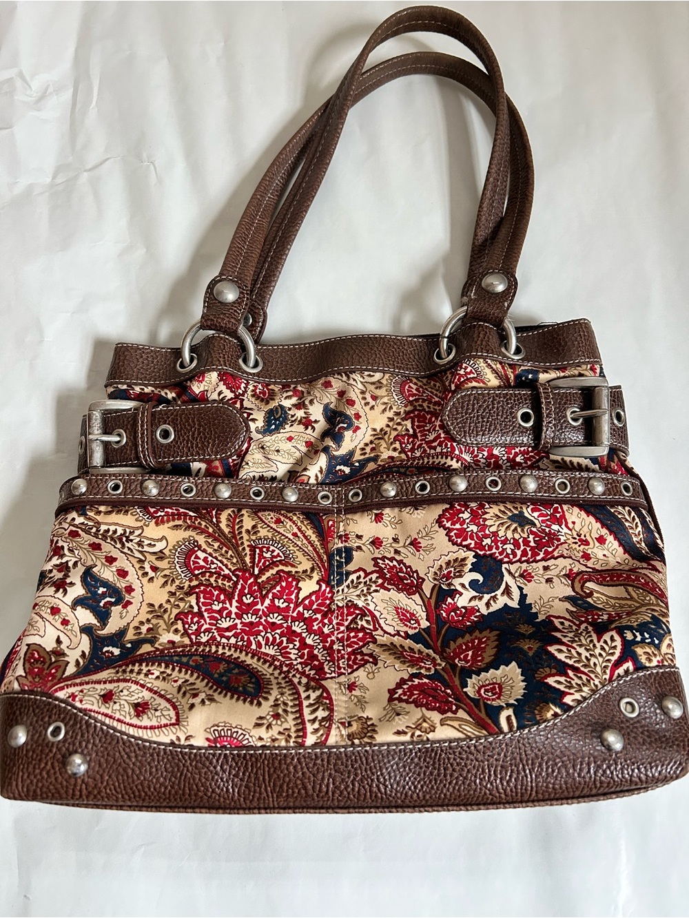 Brown Paisley Shoulder Bag with Red and Navy Accents